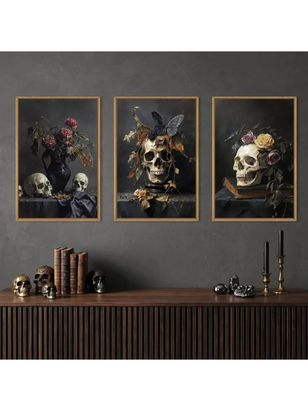 Large Vintage Skull Floral Canvas Wall Art Set - Abstract Skeleton Decor for